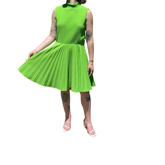 Vintage 1960s Womens Burt Stanley Lime Green Pleated Retro Mid Mod Mini Dress - Picture 12 of 13